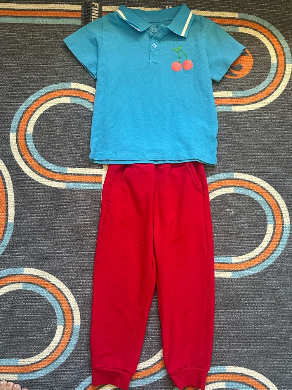 Kids Blue Cherries Polo Top and Red Pants Set